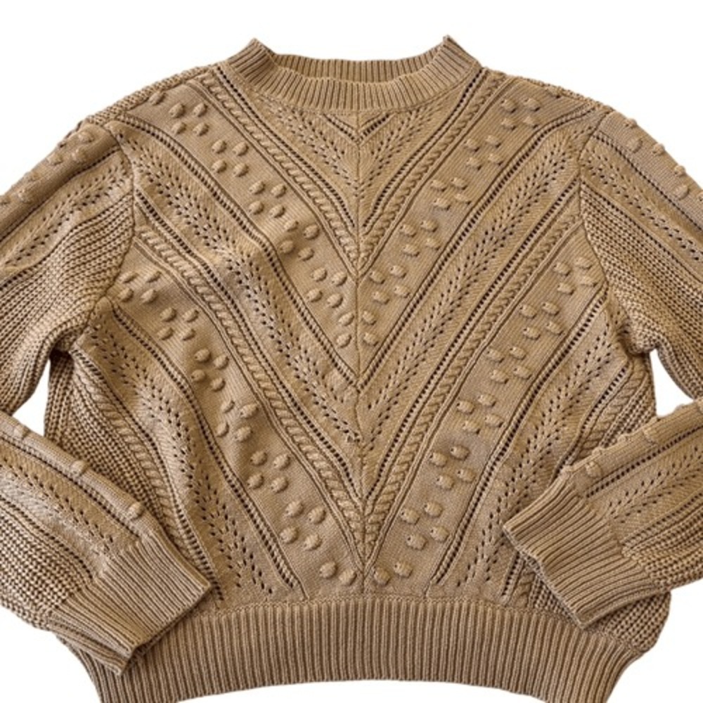 Dalilah Wool Blend Chunky Ribbed 3D Textured Knit Fall Camel Sweater, S/M - Picture 4 of 9